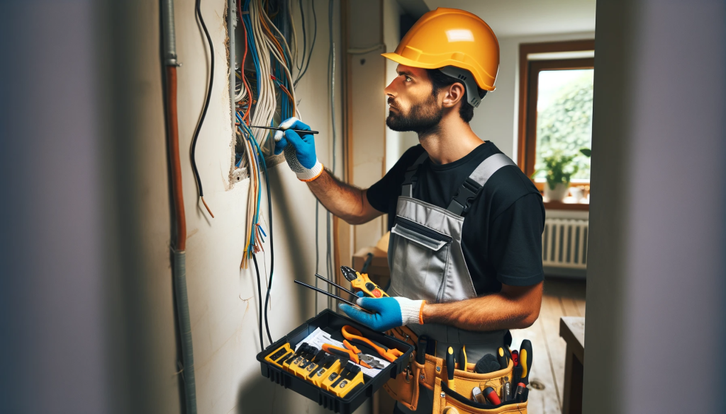 Professional electrician examining electrical wiring within a residential wall.