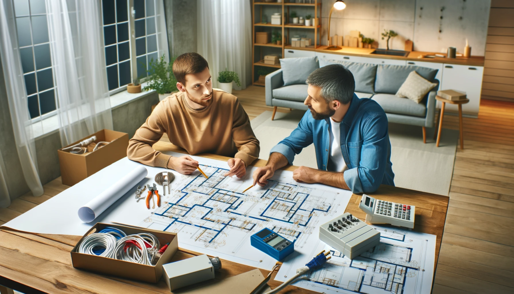 Homeowner and electrician discussing electrical blueprints on a table in a realistic home setting.
